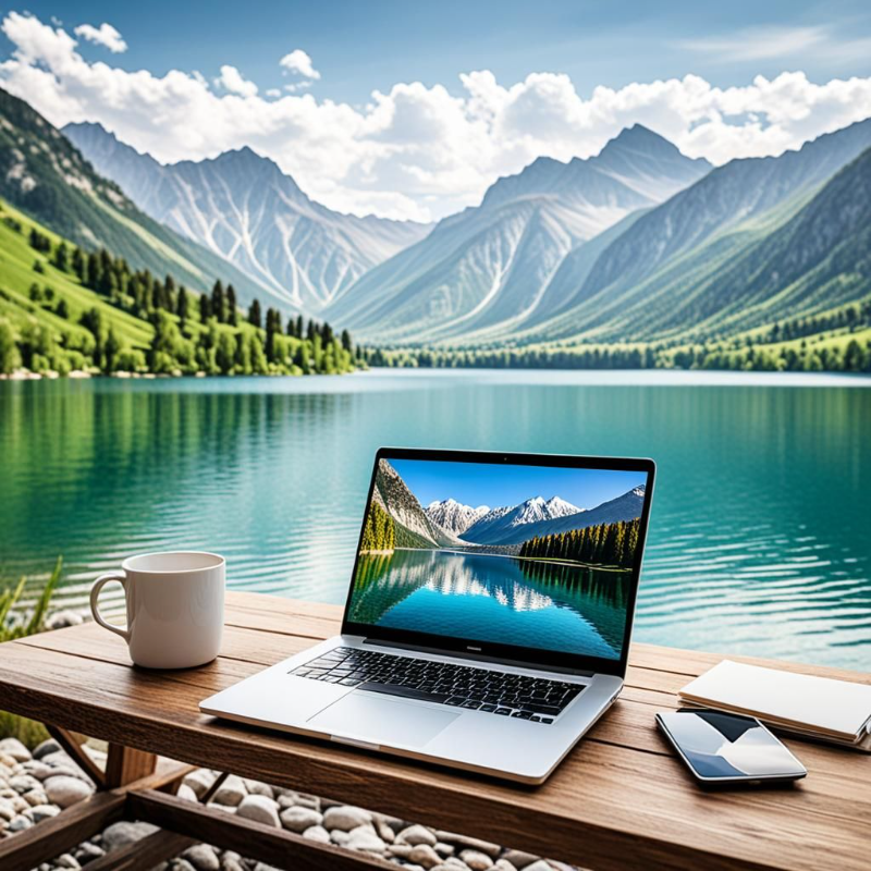 laptop and desk with a picturesque mountain and lake background